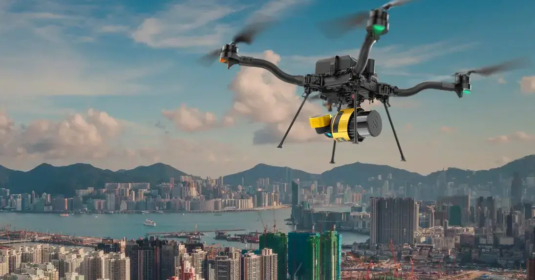 Drone flying over a construction site for surveying