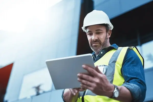 A construction manager reviewing blueprints on a tablet at a worksite