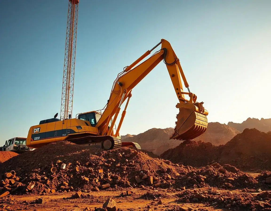 Excavator moving earth on a large construction site during development phase.